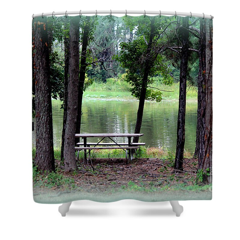 Park Bench Shower Curtain featuring the photograph Serene Escape by Kathy White