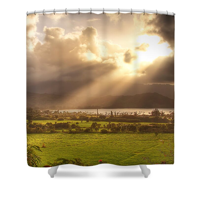 Light Shower Curtain featuring the photograph Shafts Of Sunlight At Sunset by Robert Postma