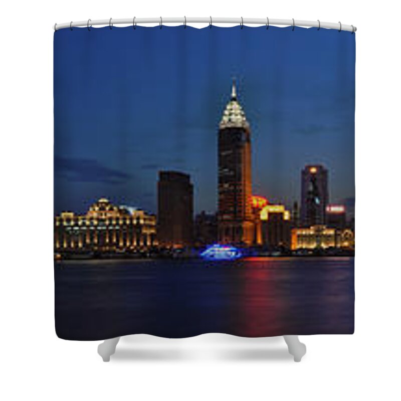 Shanghai Shower Curtain featuring the photograph Shanghai Bund Panorama - Night by Jason Chu