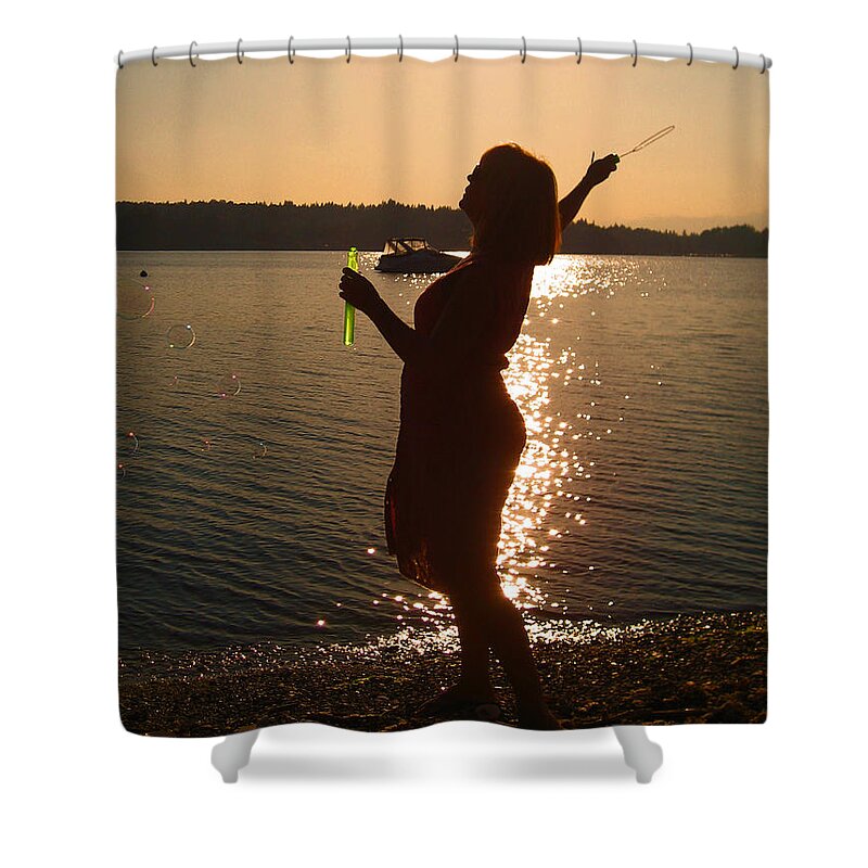 Sunset Shower Curtain featuring the photograph She Blows Bubbles by Kym Backland
