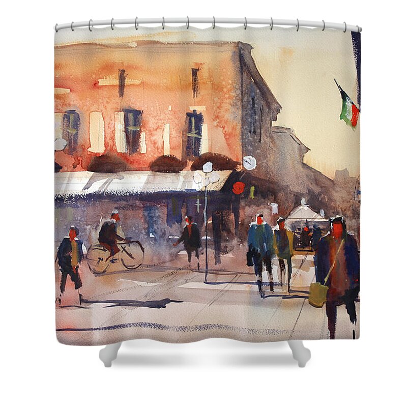 Ryan Radke Shower Curtain featuring the painting Shopping in Italy by Ryan Radke