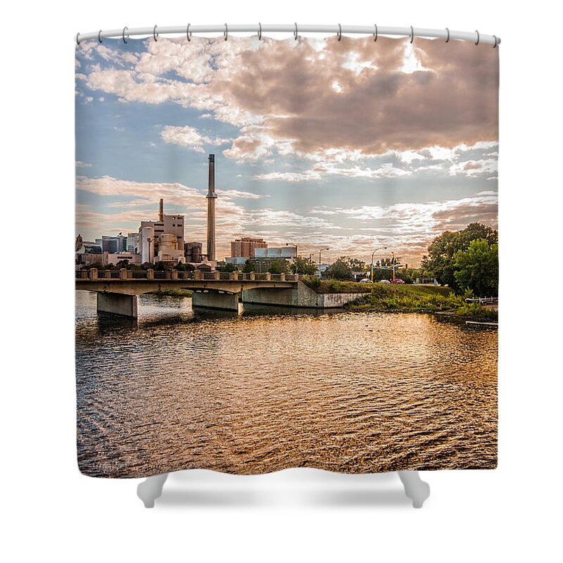 Rochester Minnesota Sky Water Cloud Sun Blue Orange City Tree Landscape Shower Curtain featuring the photograph Silver Lake by Tom Gort