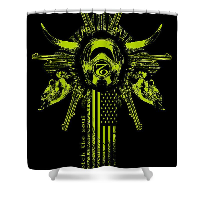 Gas Mask Shower Curtain featuring the mixed media Six Shooter by Tony Koehl