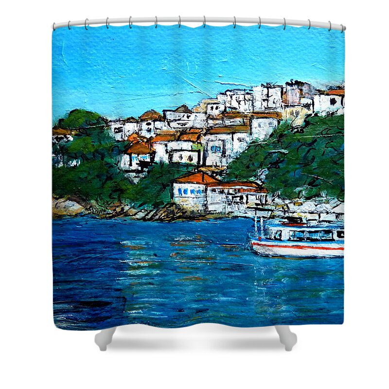 Greece Shower Curtain featuring the painting Skiathos Greece No2 by Jackie Sherwood