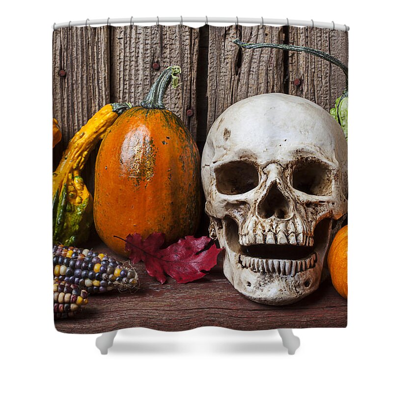 Skull Shower Curtain featuring the photograph Skull and gourds by Garry Gay