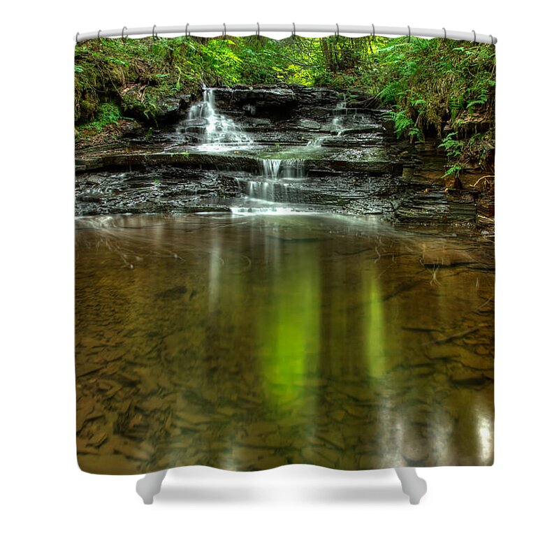 Green Mantle Shower Curtain featuring the photograph Small spirit of the falls by Jakub Sisak