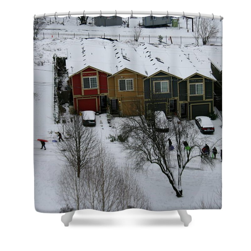 Snow Shower Curtain featuring the painting Snow Day by Quin Sweetman