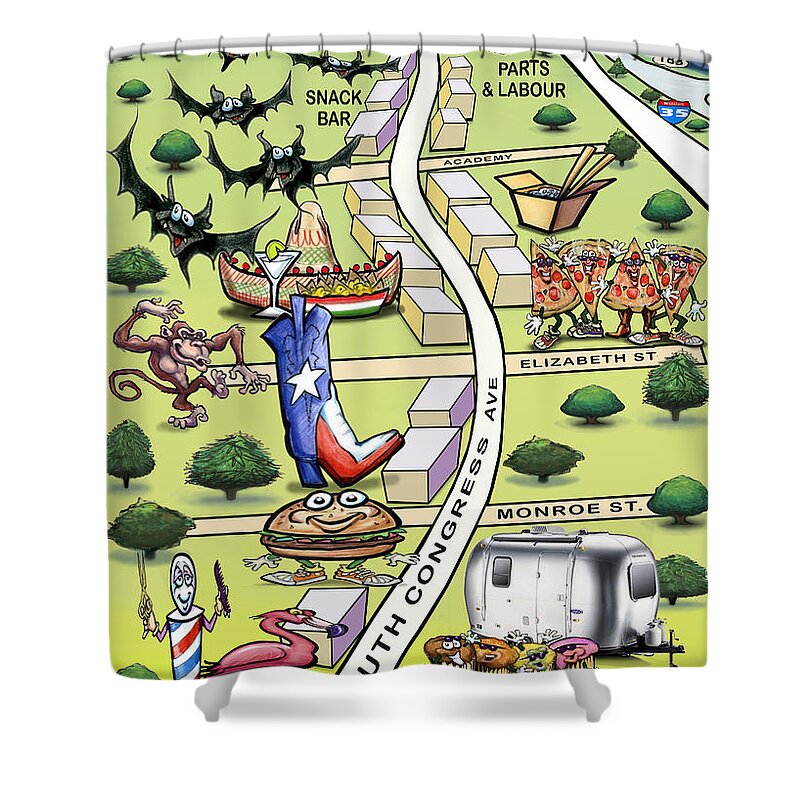 Soco Shower Curtain featuring the painting SOCO South Congress Ave ATX Cartoon Map by Kevin Middleton