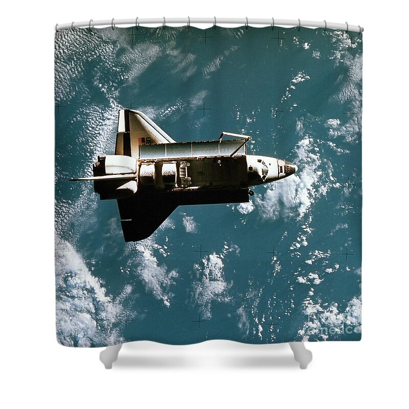 Color Image Shower Curtain featuring the photograph Space Shuttle In Space by Stocktrek Images