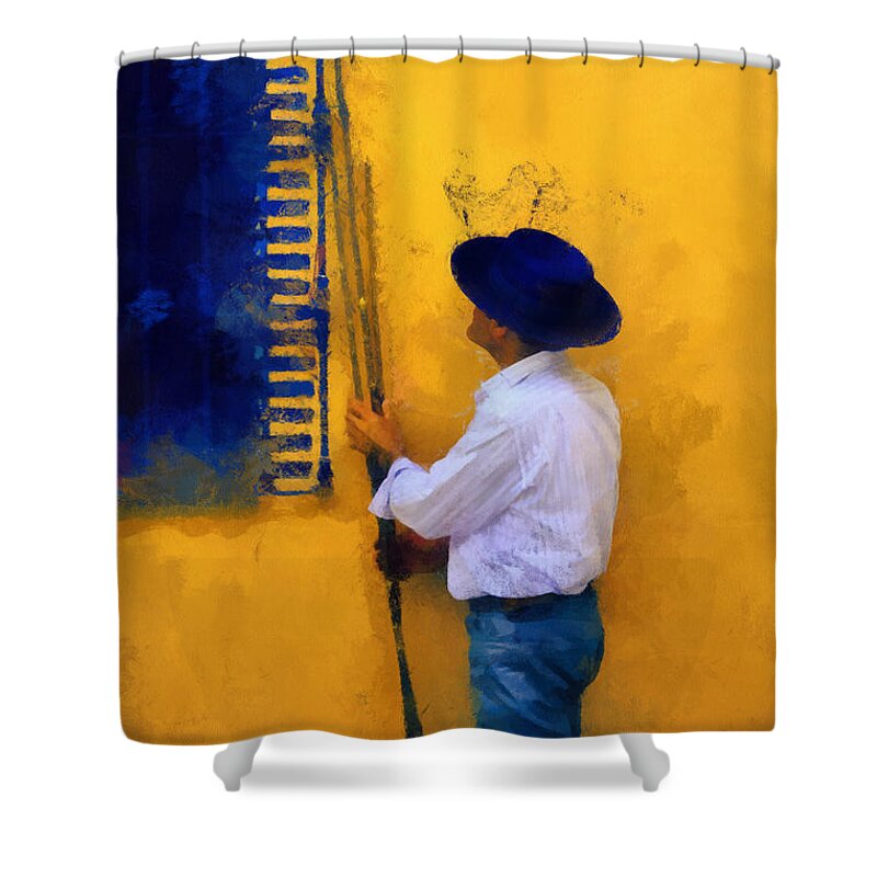 Impressionism Shower Curtain featuring the photograph Spanish Man at the Yellow Wall. Impressionism by Jenny Rainbow