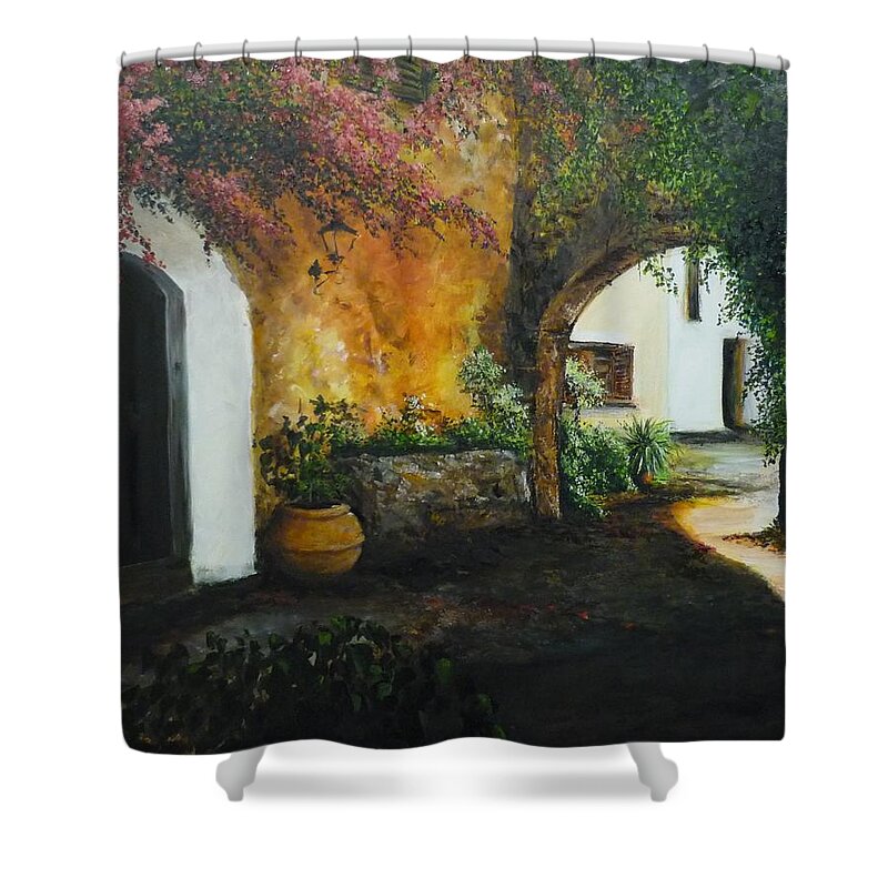 Archway Shower Curtain featuring the painting Spanish Patio by Lizzy Forrester