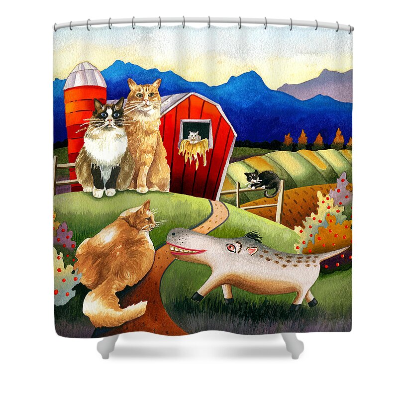 Spike The Dhog Painting Shower Curtain featuring the painting Spike the Dhog Meets Some Well Fed Barncats by Anne Gifford