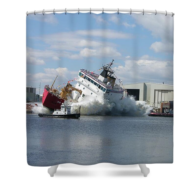 Mackinaw Shower Curtain featuring the photograph Splash launch of the Coast Guard Cutter Mackinaw by Keith Stokes