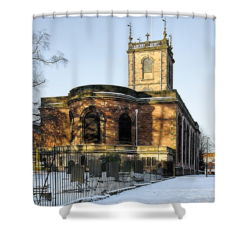 Burton On Trent Shower Curtain featuring the photograph St Modwen's Church - Burton - in the Snow by Rod Johnson
