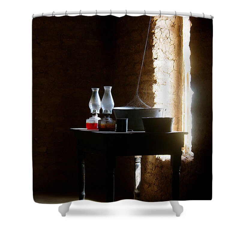 Ghost Town Shower Curtain featuring the photograph Standing in the Shadow of Time by Vicki Pelham