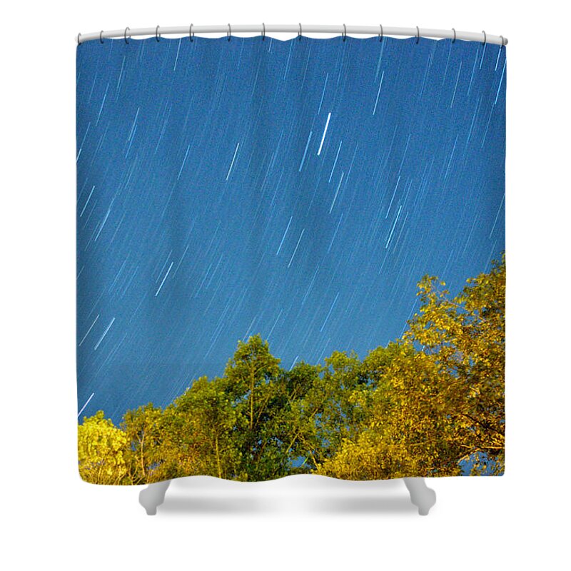 Night Shower Curtain featuring the photograph Star Trails on a Blue Sky by Kay Lovingood