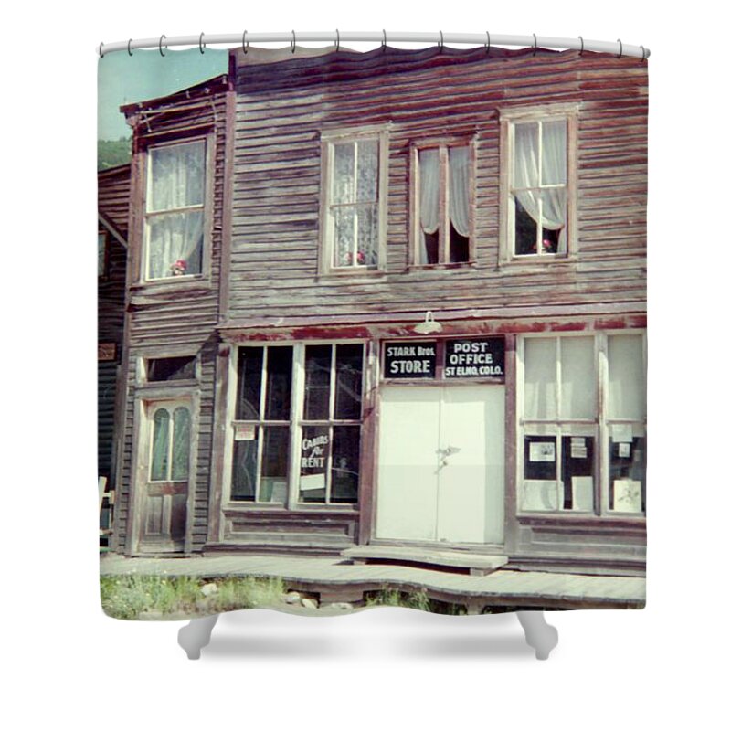 Ghost Town Shower Curtain featuring the photograph Stark Bros Store by Bonfire Photography