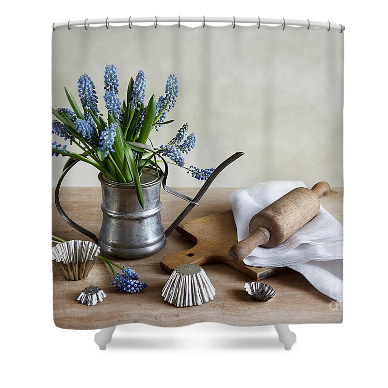 Metal Shower Curtain featuring the photograph Still Life with grape hyacinths by Nailia Schwarz