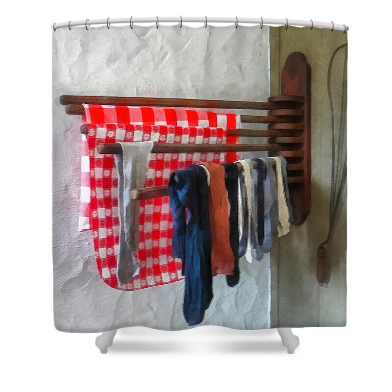 Laundry Shower Curtain featuring the photograph Stockings Hanging to Dry by Susan Savad