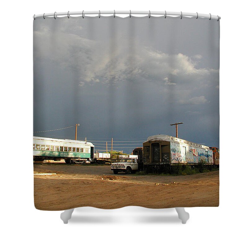 Train Shower Curtain featuring the photograph Storm Sky over the Old Railyard by Kathleen Grace