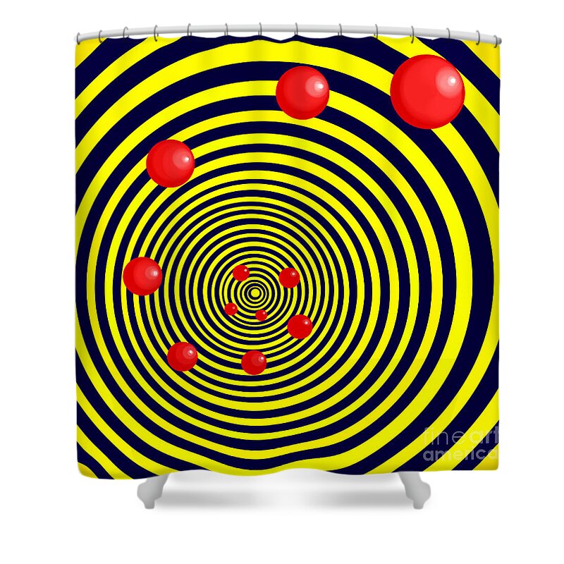 Spiral Shower Curtain featuring the digital art Summer Red Balls with Yellow Spiral by Christopher Shellhammer