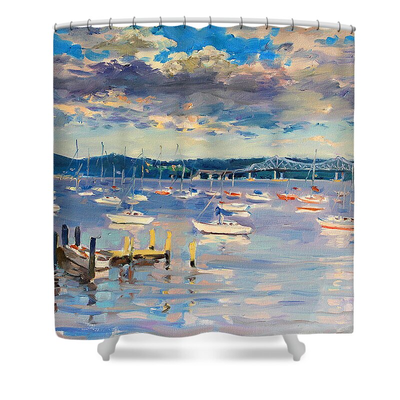 Hudson River Shower Curtain featuring the painting Sun and Clouds in Hudson by Ylli Haruni