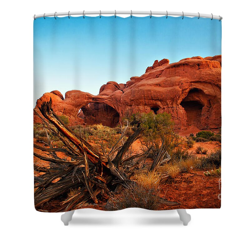 Arches National Park Shower Curtain featuring the photograph Sunrise at the Double Arches by Robert Bales