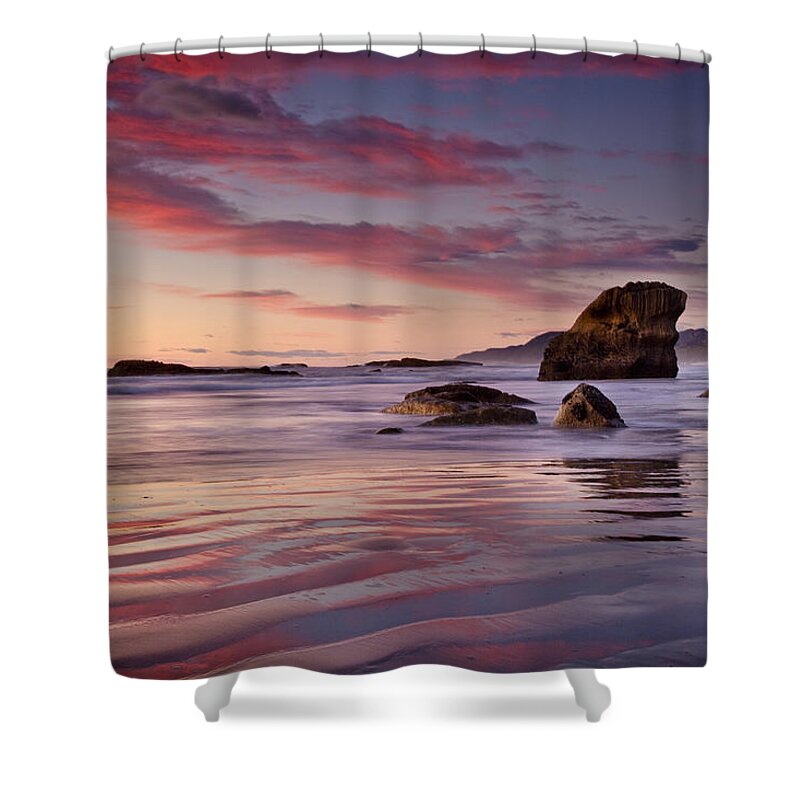 00439770 Shower Curtain featuring the photograph Sunset On Beach North Of Punakaiki by Colin Monteath