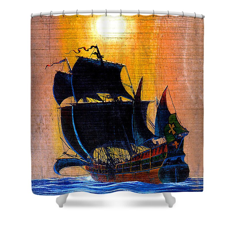 Duane Mccullough Shower Curtain featuring the painting Sunship Galleon on Wood by Duane McCullough