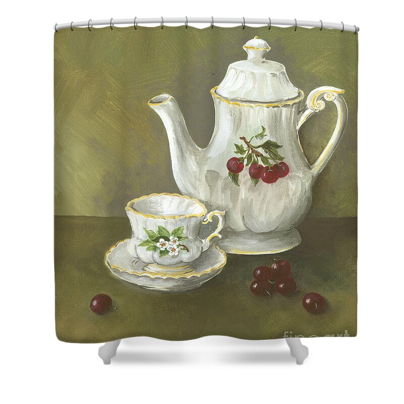 Tea Pot Shower Curtain featuring the painting Tea with Cherries by Nancy Patterson