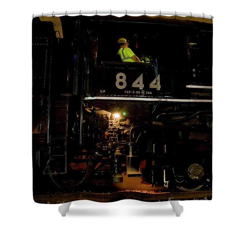 Steam Locomotive Shower Curtain featuring the photograph Tending The Beast by Tim Mulina