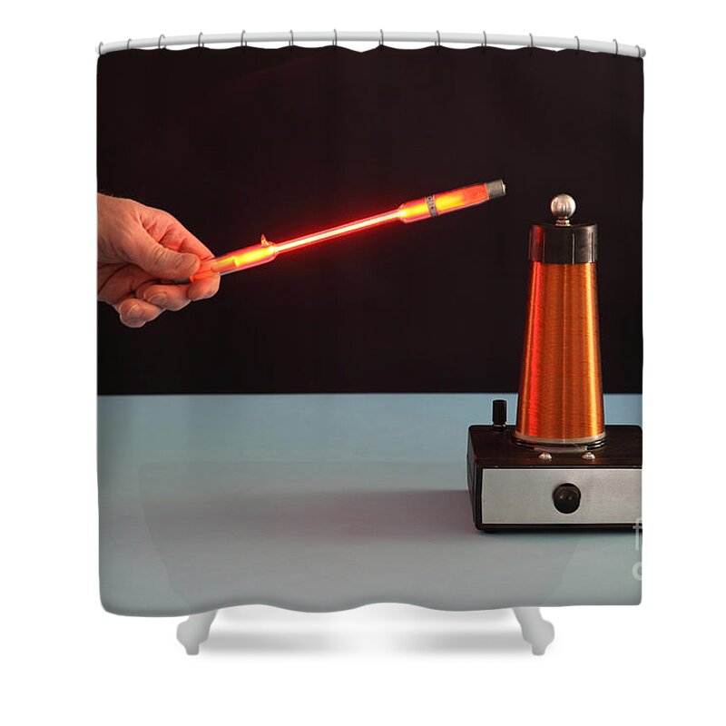 Tesla Coil Shower Curtain featuring the photograph Tesla Coil And Neon Tube by Ted Kinsman