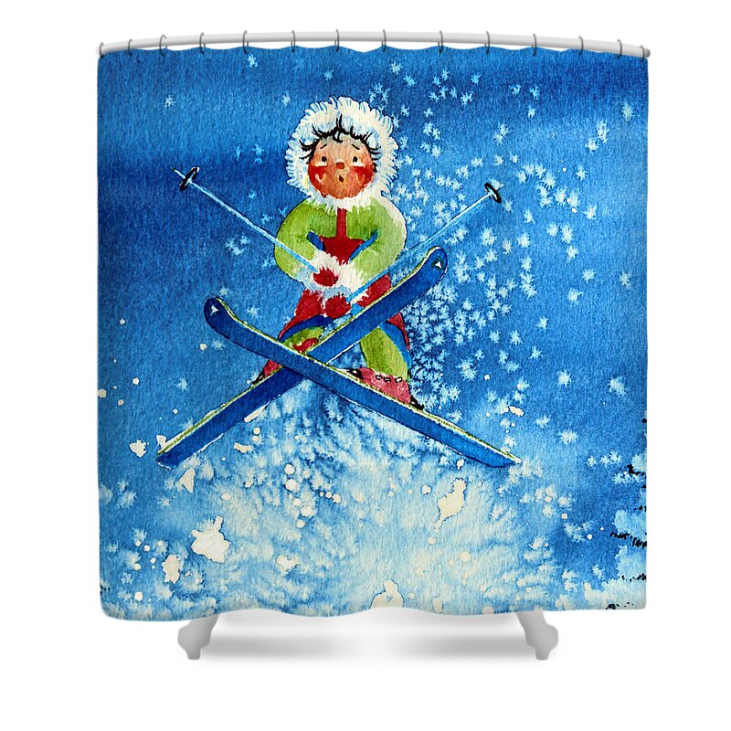 Kids Art For Ski Chalet Shower Curtain featuring the painting The Aerial Skier - 11 by Hanne Lore Koehler
