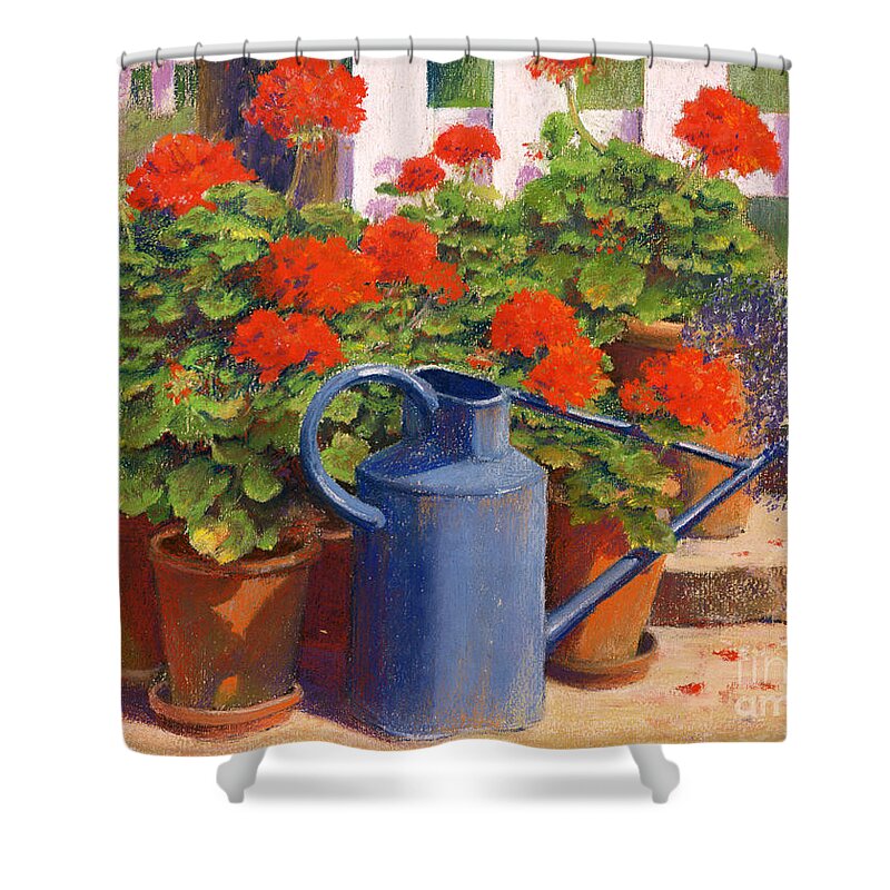 Still Life Shower Curtain featuring the pastel The blue watering can by Anthony Rule
