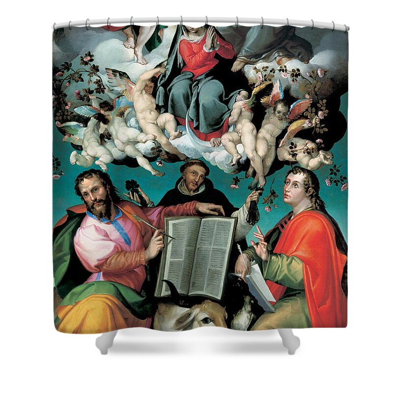 Virgin Mary Shower Curtain featuring the painting The Coronation of the Virgin with Saints Luke Dominic and John the Evangelist by Bartolomeo Passarotti
