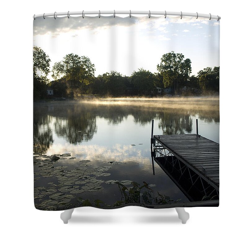 Lake Shower Curtain featuring the photograph The Dock at Sunrise by Tara Lynn
