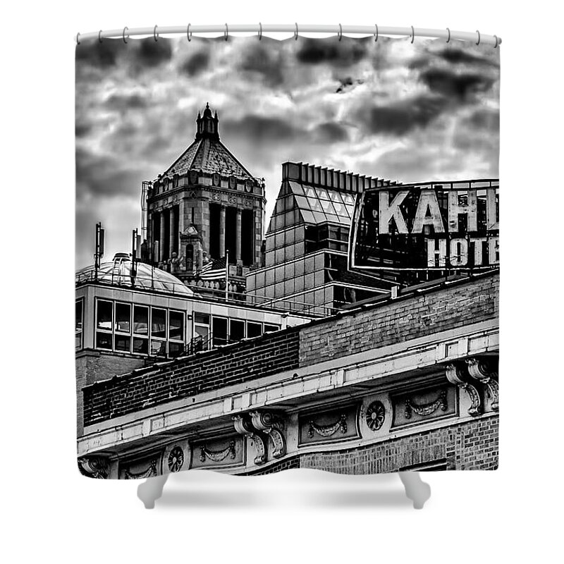 Clouds Storm Black And White Noir City Cityscape Skyline Rochester Minnesota Kahler Hotel Shower Curtain featuring the photograph The Gathering Storm by Tom Gort