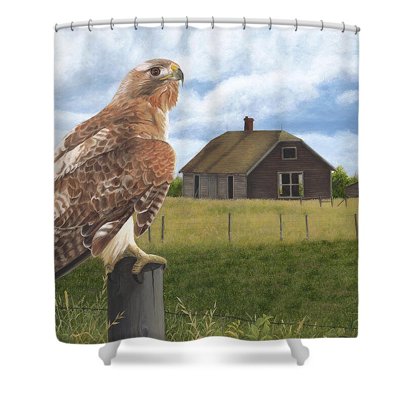 Red Tailed Hawk Over Looking Old Homestead Shower Curtain featuring the painting The Grounds Keeper by Tammy Taylor