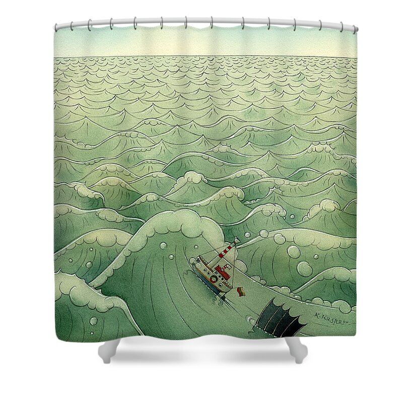 See Sky Boat Fish Storm Blue Green Azure Shower Curtain featuring the painting The Little Boat 02 by Kestutis Kasparavicius