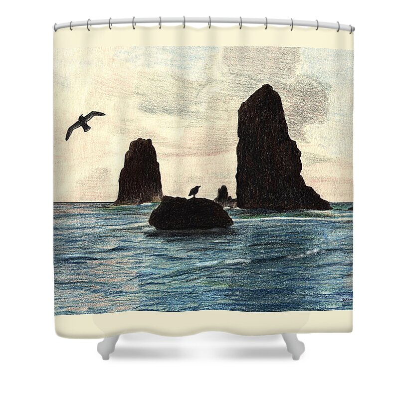 Coastal Rocks Shower Curtain featuring the mixed media The Needles by Wendy McKennon