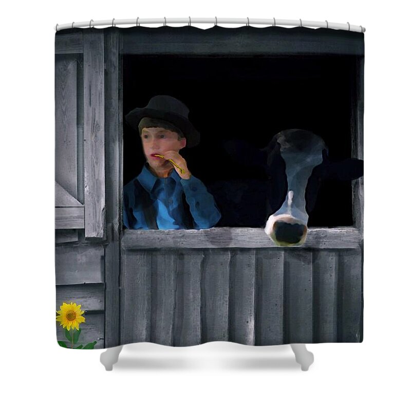 Cow Shower Curtain featuring the digital art The Old Bell Cow by David Dehner