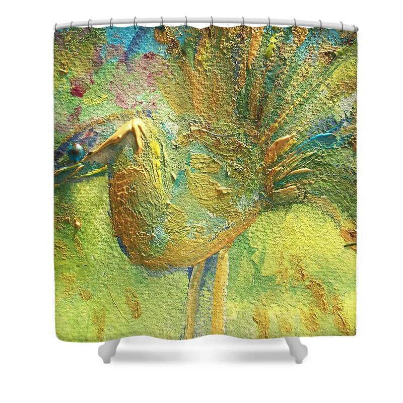 Peacock Shower Curtain featuring the painting The peacock of the Golden court by Judith Desrosiers