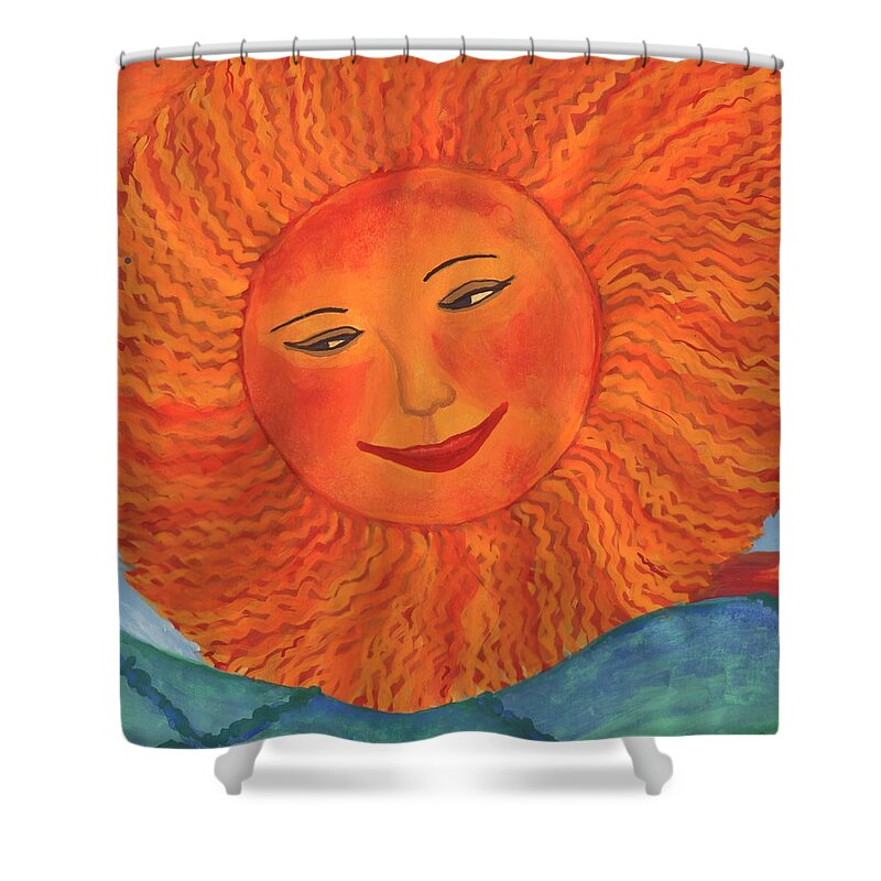 Sun Shower Curtain featuring the painting The Sun God detail of Red Sky at Night by Sushila Burgess