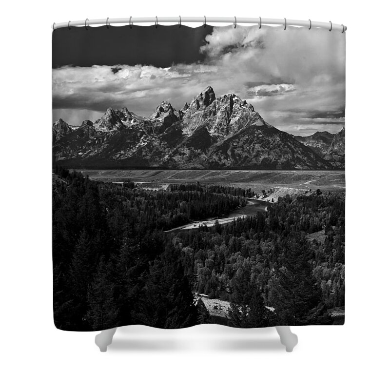 Grand Shower Curtain featuring the photograph The Tetons - Il BW by Larry Carr