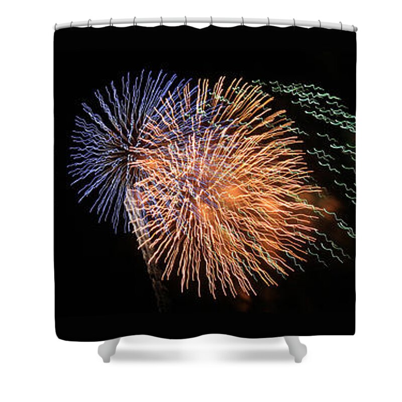 Las Vegas Nv Shower Curtain featuring the photograph Three Bursts Of Fireworks Four July Two K Ten by Carl Deaville