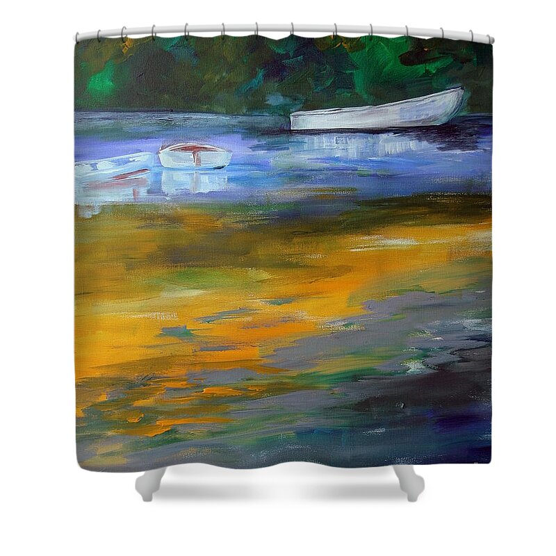 Boats Shower Curtain featuring the painting Three in a row by Julie Lueders 