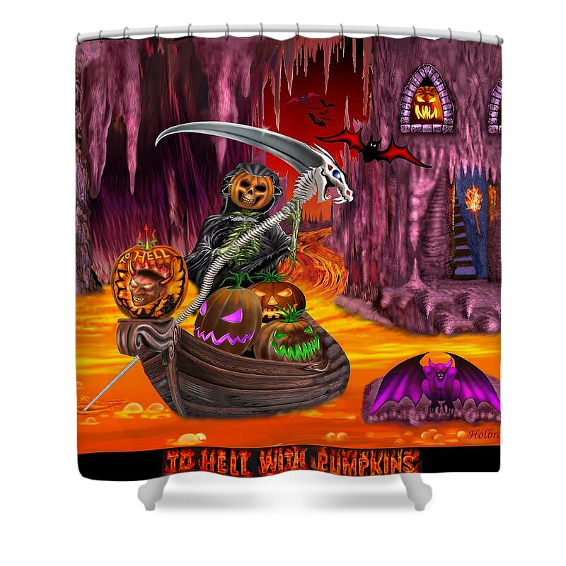 Halloween Shower Curtain featuring the digital art To Hell With Pumpkins by Glenn Holbrook