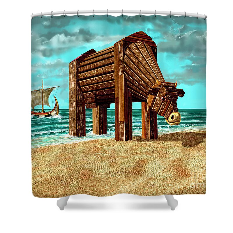 Beach Shower Curtain featuring the digital art Trojan Cow by Russell Kightley