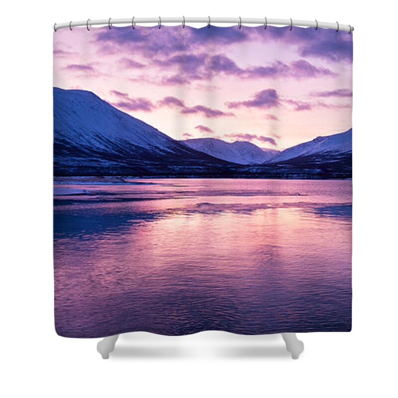 Beautiful Shower Curtain featuring the photograph Twilight above a fjord in Norway with beautifully colors by U Schade