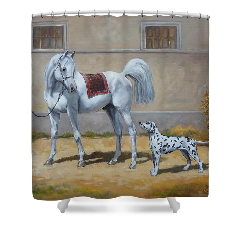 Horse Shower Curtain featuring the painting Two buddies by Irek Szelag